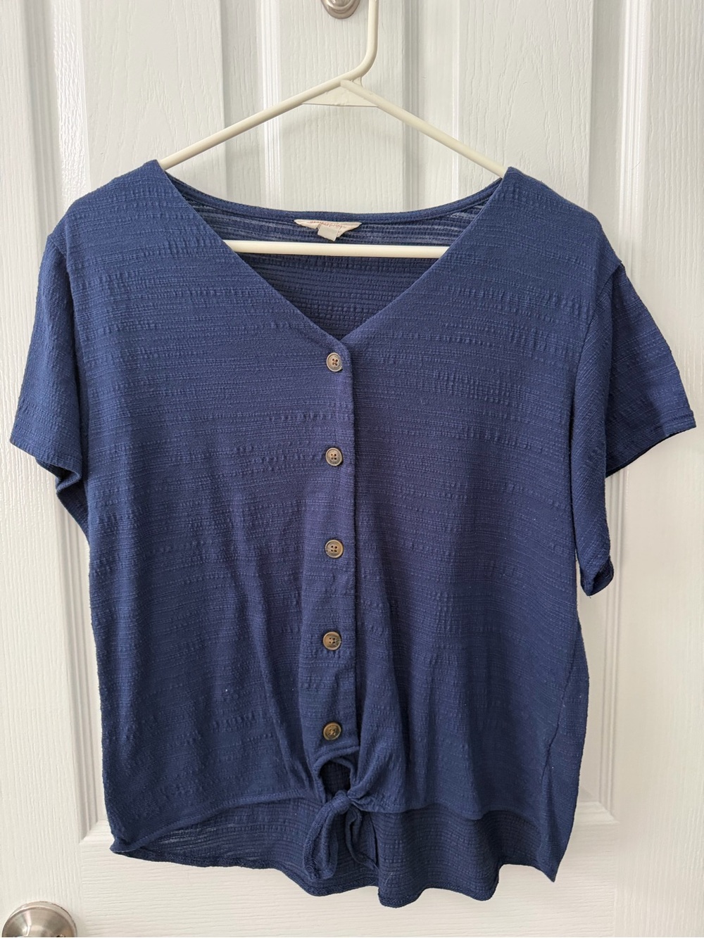 Weatherproof Navy Button-Front Tie Hem Short Sleeve Top